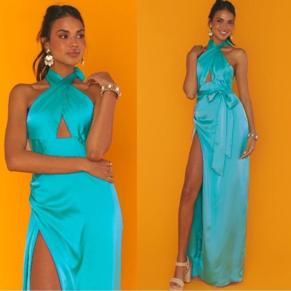 Show Me Your MuMu Turquoise Halter Maxi Dress